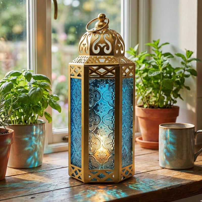 VELA LANTERNS 10.5" Gold Moroccan Candle Lantern Decorative Candle Holder Lamp for Table or Hanging, Ramadan Decorations, Indoor Home Decor, Outdoor Patio or Porch, Weddings, Blue Glass, Medium - Image 2